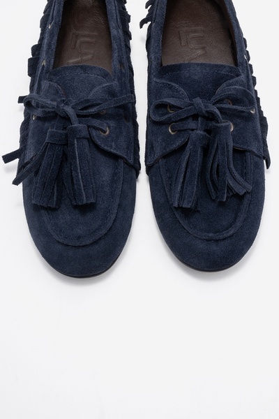 LuviShoes Fenora Navy Blue Suede Genuine Leather Fringed Tassel Women Loafer Shoes