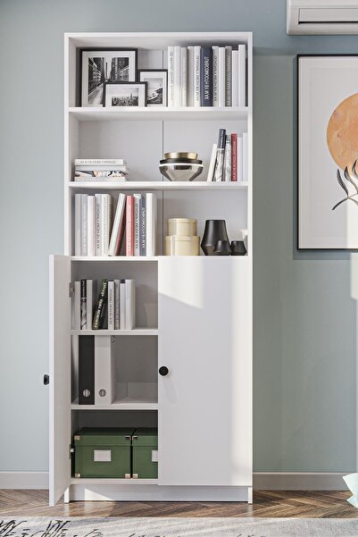 Hofga Bili Kitaplık 5 Raflı 2 Kapaklı Çok Amaçlı Ofis Salon Kitap Dosya Rafı Beyaz