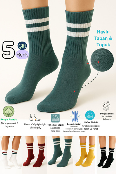 Socketta Pamuklu Taban ve Topuk Havlu Destekli Spor 5'li Karışık Renk Kadın S...