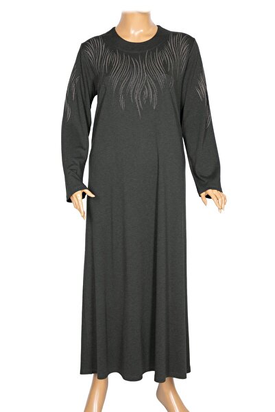 HESNA Kadın Elvan Kışlık Büyük Beden Boydan Baskılı Haki Elbise