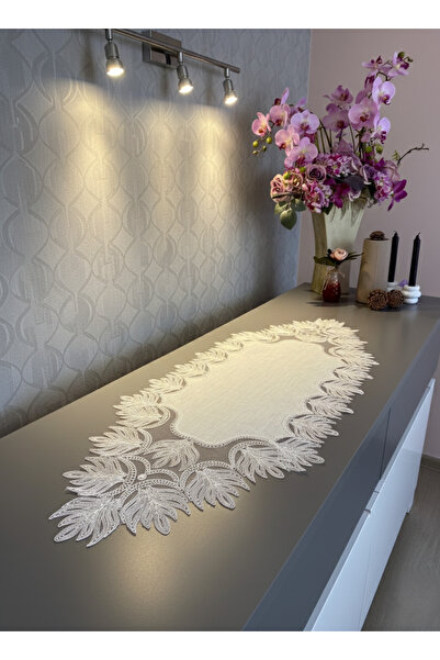 Valora Concept Fransız Dantelli Ezgi Model Keten Gardenya Lüks 3'lü Runner Salon Oda Sehpa Örtüsü