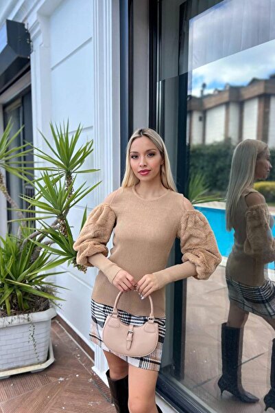 Flame İstanbul Butik Open Shoulders Sleeves Fur Mink Sweater Fra1700