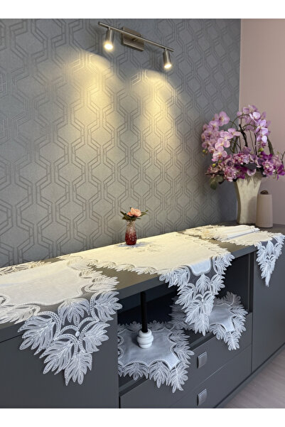 Valora Concept Fransız Dantelli Ezgi Model Keten Gadenya Lüks 5'li Runner Salon Oda Sehpa Örtüsü