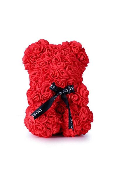 buz Ursuleț de pluș din trandafiri artificiali roșii, decorat manual, cutie t...