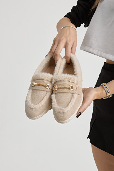 Tonny Black Kadın Bej Termo Taban Kürk Detaylı Süet Görünümlü Tokalı Günlük Loafer Ayakkabı