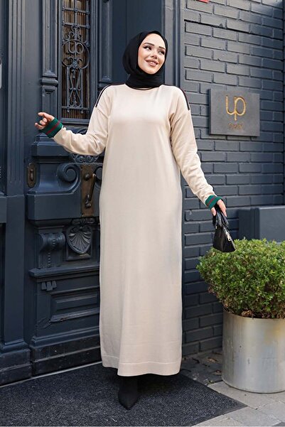 N.S NEVA STYLE Beige Mercerized Knitwear Hijab Dress 36291Bej
