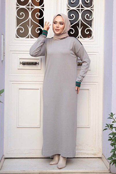 N.S NEVA STYLE Gray Mercerized Knitwear Hijab Dress 36291Gr