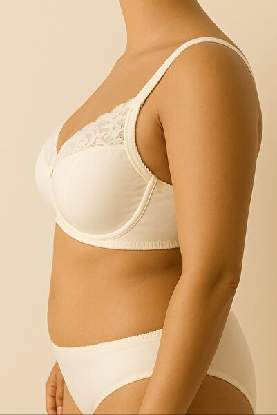 enmodaiçgiyim Ecru Plus Size C Cup Underwire Lace Gathering Bra – Full Cup, High Support, Wide Strap