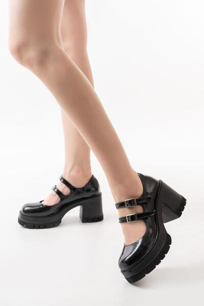 asmi shoes Kadın Samba İki Baletli 8 Cm Topuklu Platformlu Ayakkabı Siyah Rugan