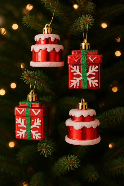 hediyeofisi 4 قطع من زينة عيد الميلاد على شكل كعكة وصندوق هدايا، نموذج زينة شجرة عيد الميلاد