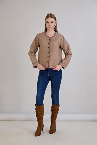 Sortie Women's Crew Neck Buttoned Seasonal Mink Quilted Coat