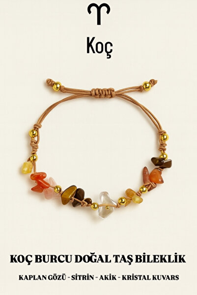 Femenino Koç Burcu Gerçek Doğal Taş Örme Bileklik – Kaplan Gözü, Sitrin, Akik...
