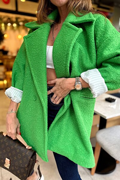 manana fashion Green Boucle Oversize Coat with Folded Sleeves Detail