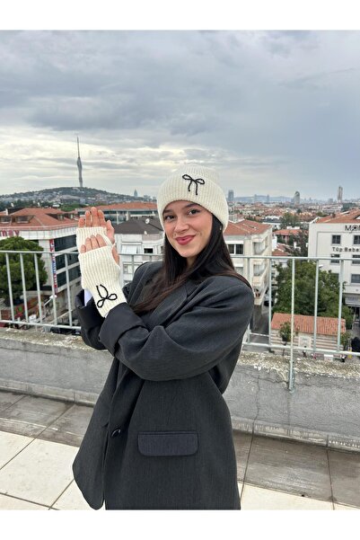 Mollycrush Women's White Knitted Beanie and Gloves Set – Elegant Bow Detail, Stylish Choice for Cold Weather