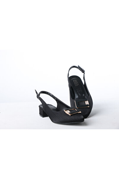 AYAKKABIMOOD 3 cm Black Satin Stone Back Open Heeled Women's Shoes