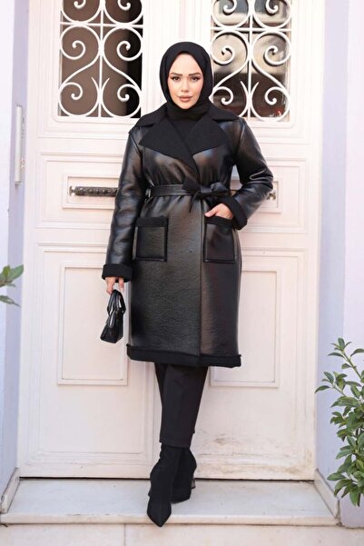 N.S NEVA STYLE Μαύρο Μαντίλι Μουσουλμανικό Παλτό με Λεπτομέρεια Γούνας 62391S