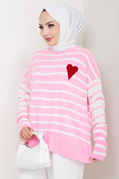 hafsamina Kalp Aplikeli Çizgili Kazak Pembe HM2617