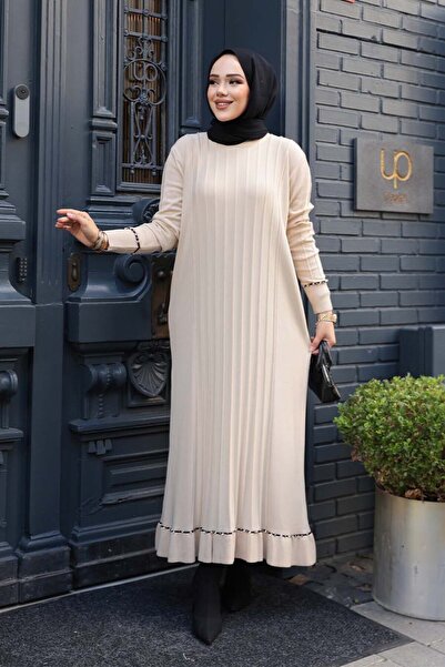 N.S NEVA STYLE Beige Mercerized Knitwear Hijab Dress 6745Bej