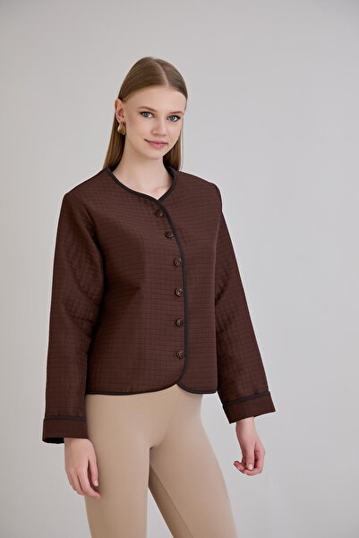 Sortie Women's Crew Neck Buttoned Padded Seasonal Brown Quilted Coat