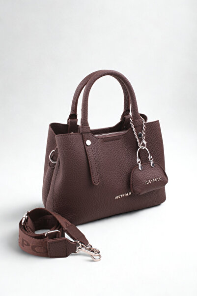 Just Polo حقيبة كتف نسائية ذات حزام عريض متعددة الأقسام باللون البني الأصلي مناسبة للاستخدام اليومي