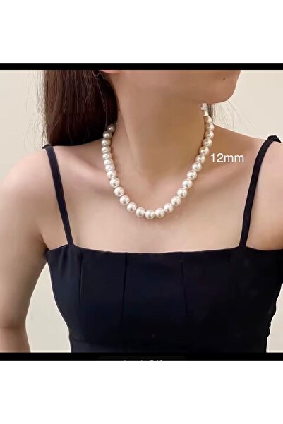 Arescollection LÜX 12 MM 1.KALİTE PARLAK KREM RENGİ ŞIK KADIN İNCİ KOLYE