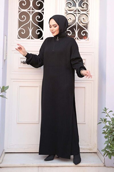 N.S NEVA STYLE Ribbed Black Knitwear Hijab Double Set 17207S
