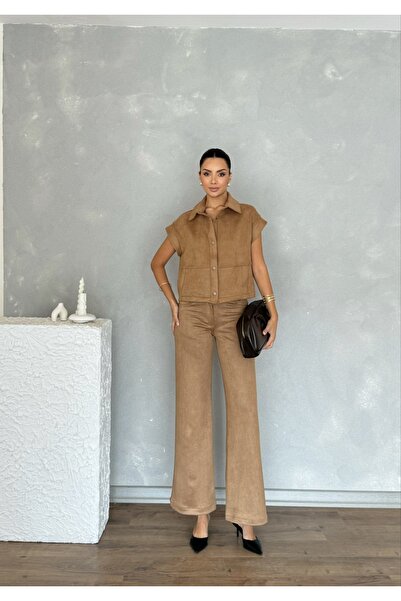 Nesil Women's Suede Suit with Vest and Pants