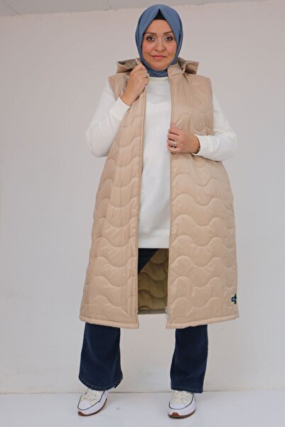 Eslina 44004 Plus Size Zippered Quilted Vest with Pockets - Beige