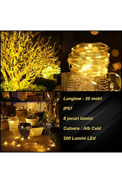 buz Șir de luminițe de Crăciun, 20 de metri, 200 LED-uri, interior/exterior, alb cald