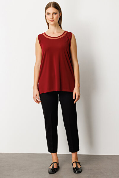 ON Women's Plus Size Collar Tulle Detailed Sleeveless Basic Blouse 61311 Burgundy