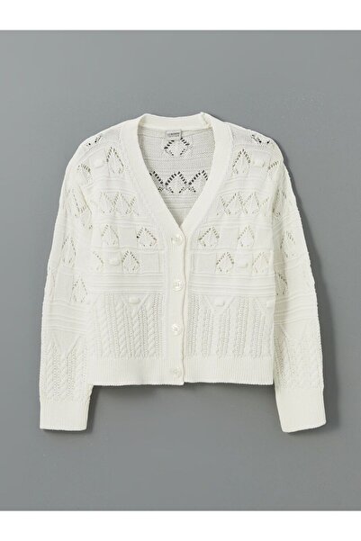 LC Waikiki Lcw Kids Ecru V-Neck Openwork Girl's Knitwear Cardigan