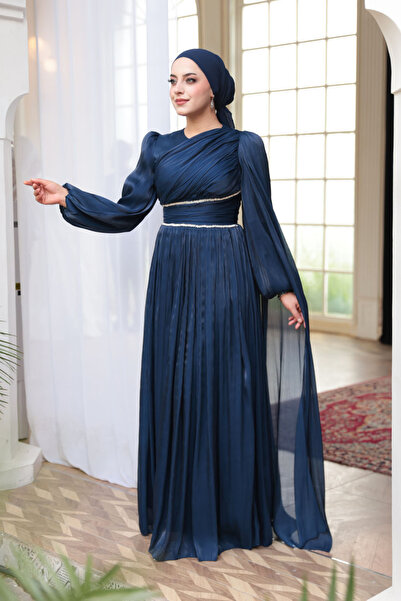 N.S NEVA STYLE - Βραδινό φόρεμα Hijab με λεπτομέρεια κάπας σε μπλε ναυτικό χρώμα 53021L