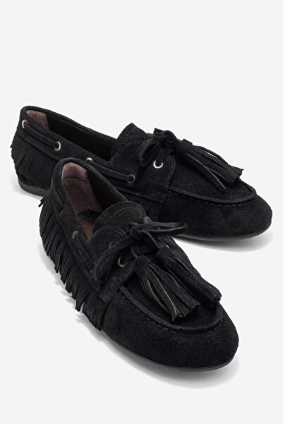 LuviShoes Fenora Black Suede Genuine Leather Fringed Tassel Women Loafer Shoes