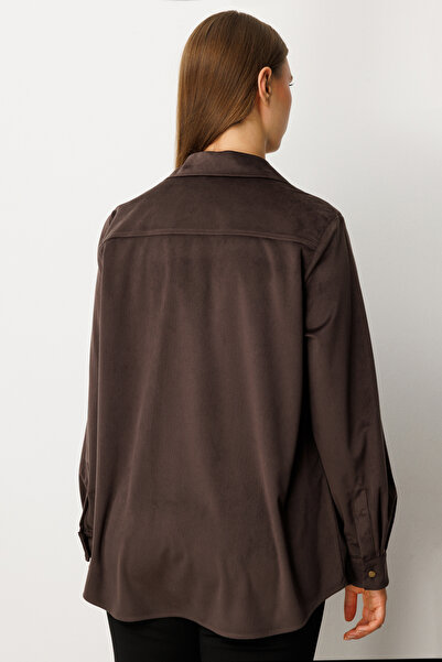 Ekol Women's Plus Size Slim Corduroy Shirt 3545 Brown