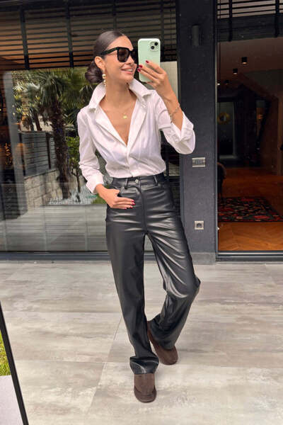 FABB Μαύρο παντελόνι Palazzo από συνθετικό δέρμα