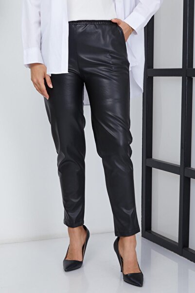 hafsamina Leather Skinny Trousers with Pockets Black Hm2021