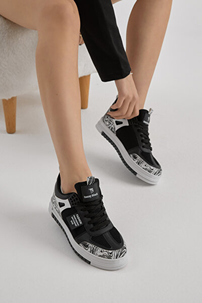 Tonny Black Unisex Black and White Thermo Sole Patterned Mesh Lace-Up Sports ...