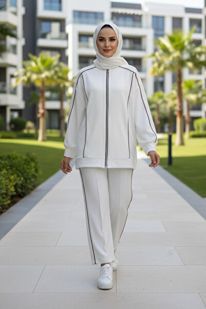 N.S NEVA STYLE Zippered Ecru Hijab Double Set 13361E