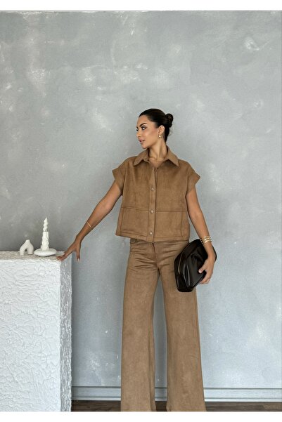 Nesil Women's Suede Suit with Vest and Pants