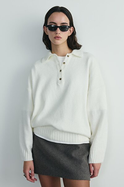 Suud Collection Ecru Rani Polo Neck Oversize Sweater