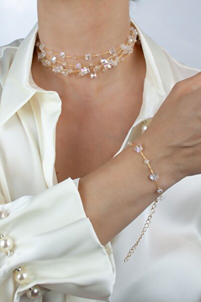 Liveyn Design Crystal Stone Gold Necklace Bracelet Set