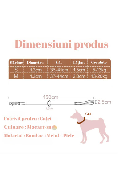 ADLUMUS Set de Zgarda reglabila si Lesa rezistenta pentru Caini de talie mica si medie, Lesa 150cm, S