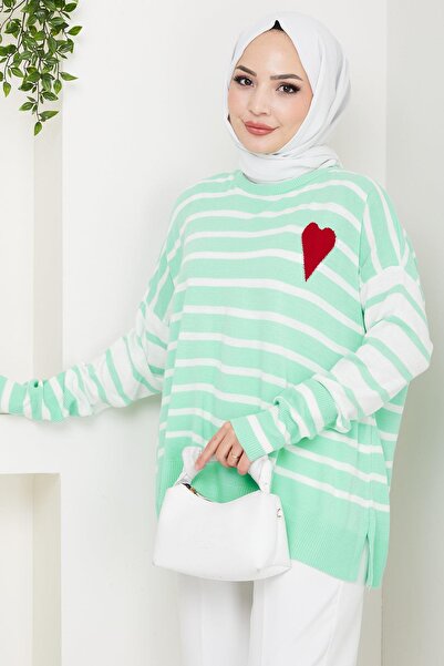 hafsamina Heart Applique Striped Sweater Mint Hm2617