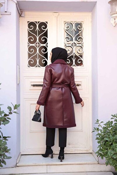 N.S NEVA STYLE Μπορντό Τεχνητό Δερμάτινο Παλτό με Λεπτομέρεια Γούνας