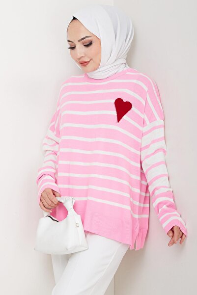 hafsamina Kalp Aplikeli Çizgili Kazak Pembe HM2617