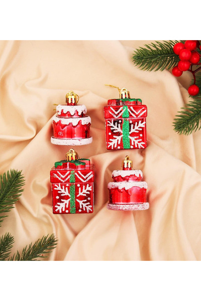 hediyeofisi 4 قطع من زينة عيد الميلاد على شكل كعكة وصندوق هدايا، نموذج زينة شجرة عيد الميلاد