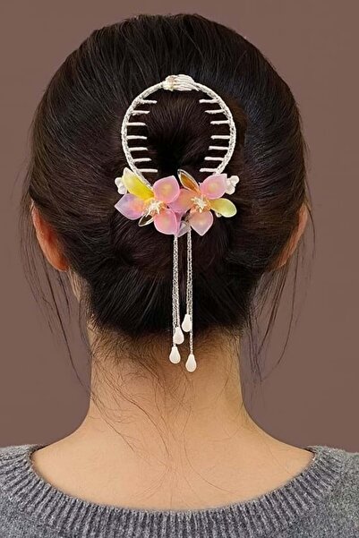 TAKIŞTIR Gold Color Flower Figured Pearl and Stone Detailed Bun Hairpin