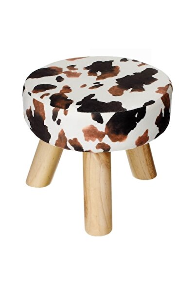 SHOPIENS Decorative Ottoman Stool 30x27cm - Cow Print, Polyester, Wooden Legs