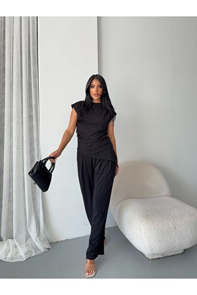 CARLA MARA Asymmetrical Blouse and Pantalon Set Black