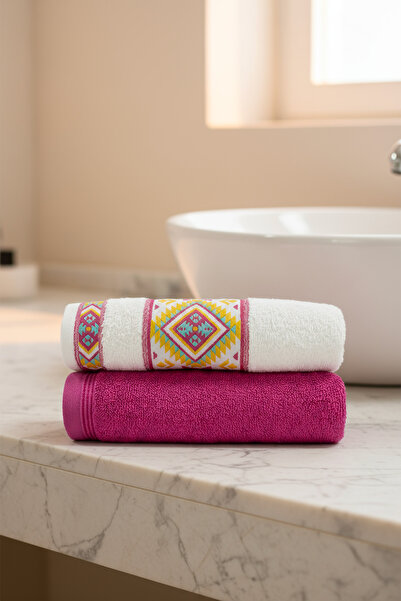 Class 2'li 50x90 cm %100 Pamuklu El ve Yüz Havlu Seti - Kilim Desenli Fuşya / Ekru